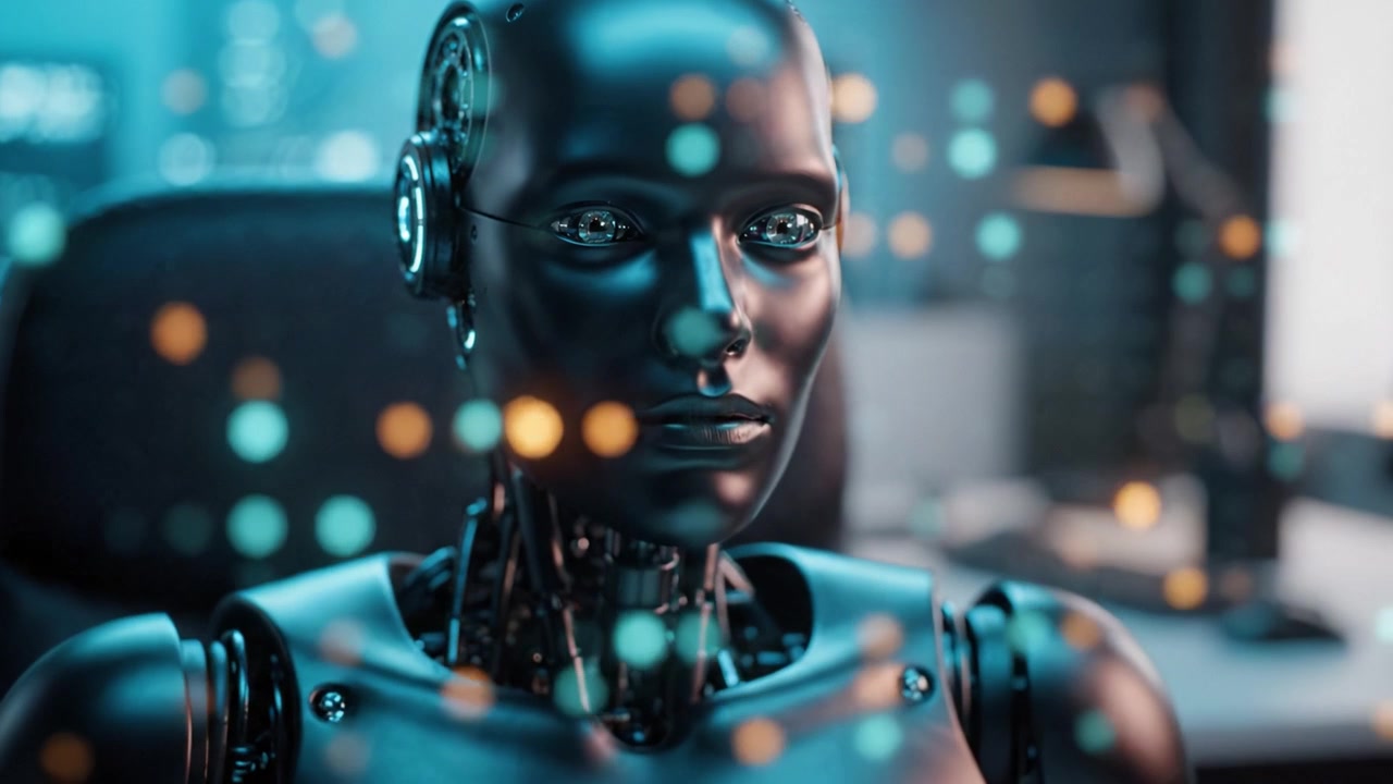 Futuristic humanoid robot with a glossy black surface and intricate machinery, gazing thoughtfully in a modern office environment with a blue aesthetic ambiance.