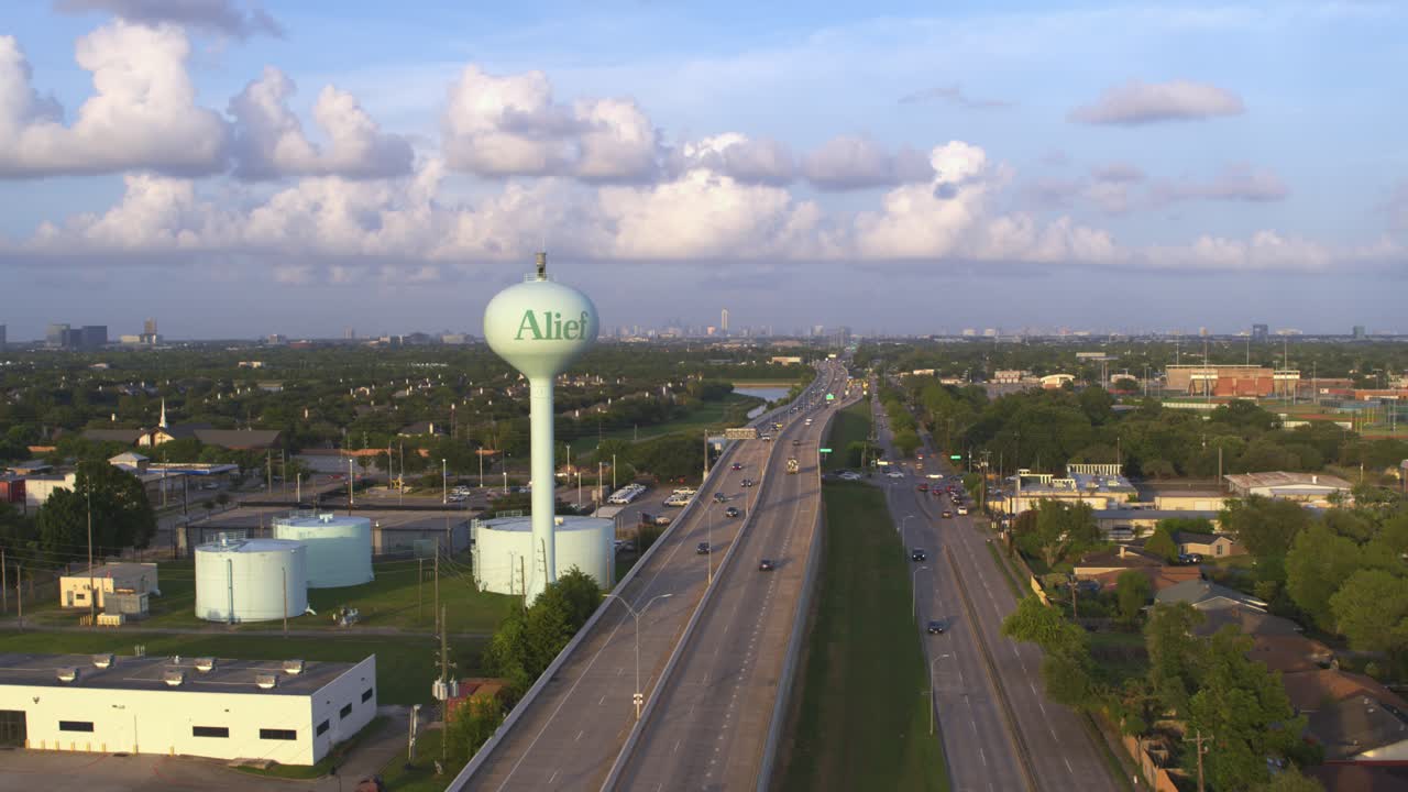 Drone view of Alief area in Houston Water tank along West Park toll road