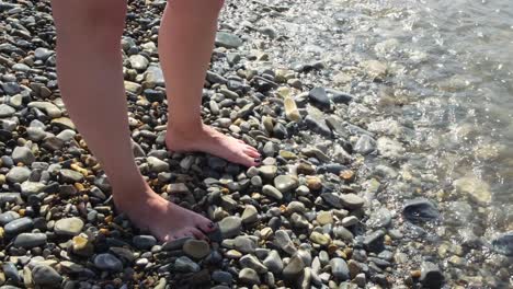 barefoot on the pebbly beach