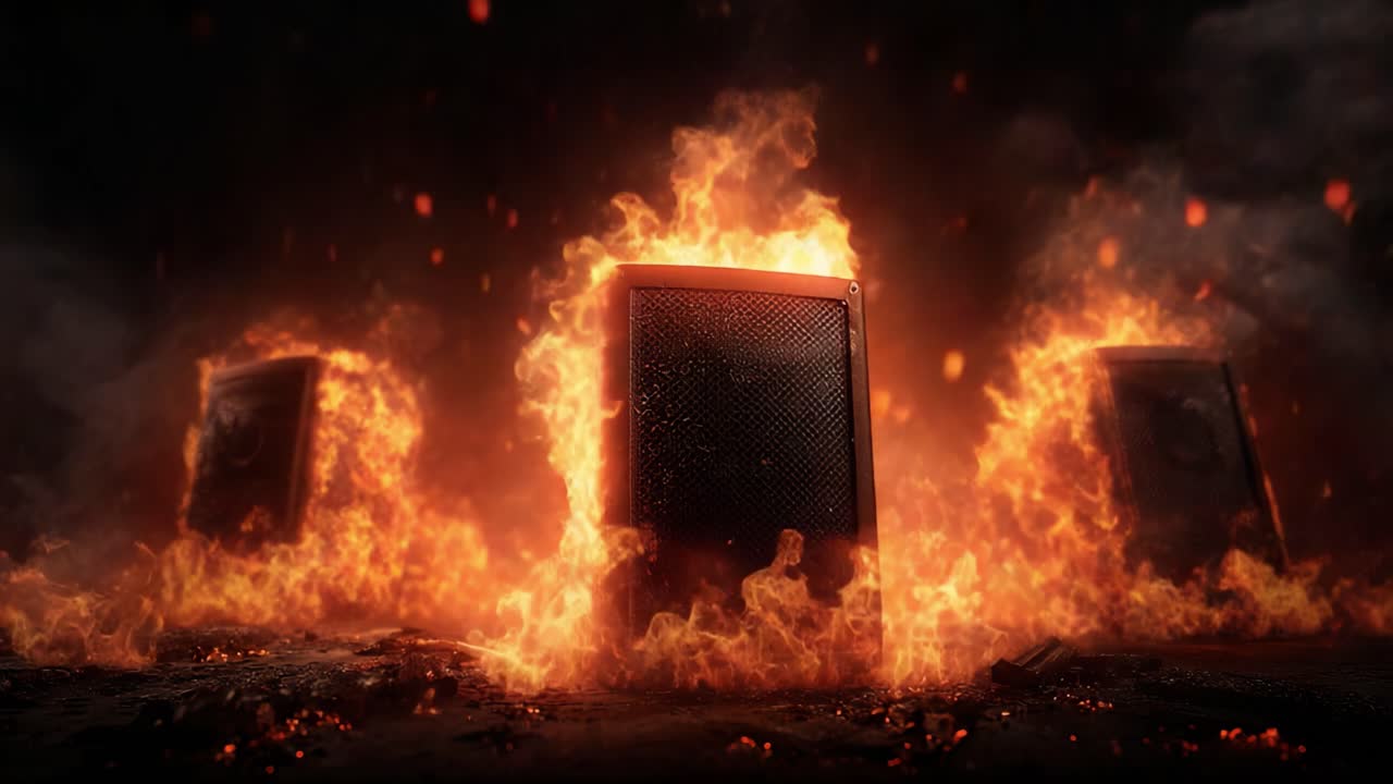 Intense Fire Effects Surrounding Speakers: A Visually Striking Depiction of Sound Equipment Engulfed in Flames, Capturing the Essence of Heat and Energy
