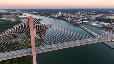 aerial establishing shot of savannah river in georgia usa