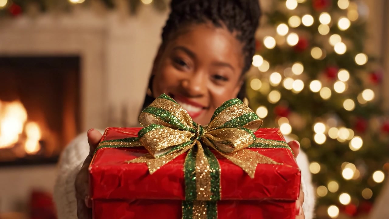 Celebração Alegre de Dar e Receber: Uma Mulher Radiante em Suéter Aconchegante Abraçando o Espírito Natalino Rodeada por uma Árvore de Natal e Luz Quente da Lareira