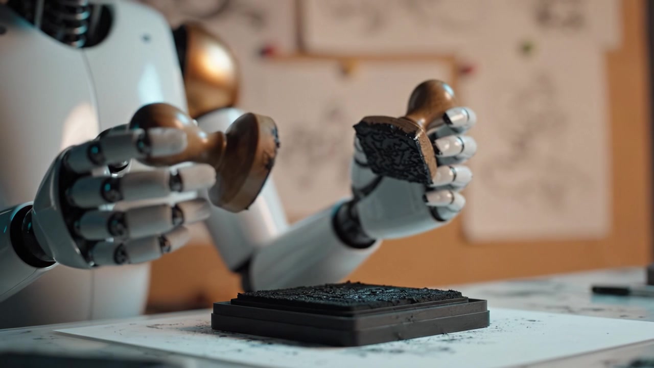 En avanceret robot hånd betjener et gummistempel, der viser præcise bevægelser og menneskelignende fingerfærdighed, mens den arbejder på kunstneriske skitser og designs