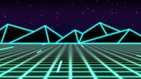 neon blue mountain and grid with stars in blue sky in night time