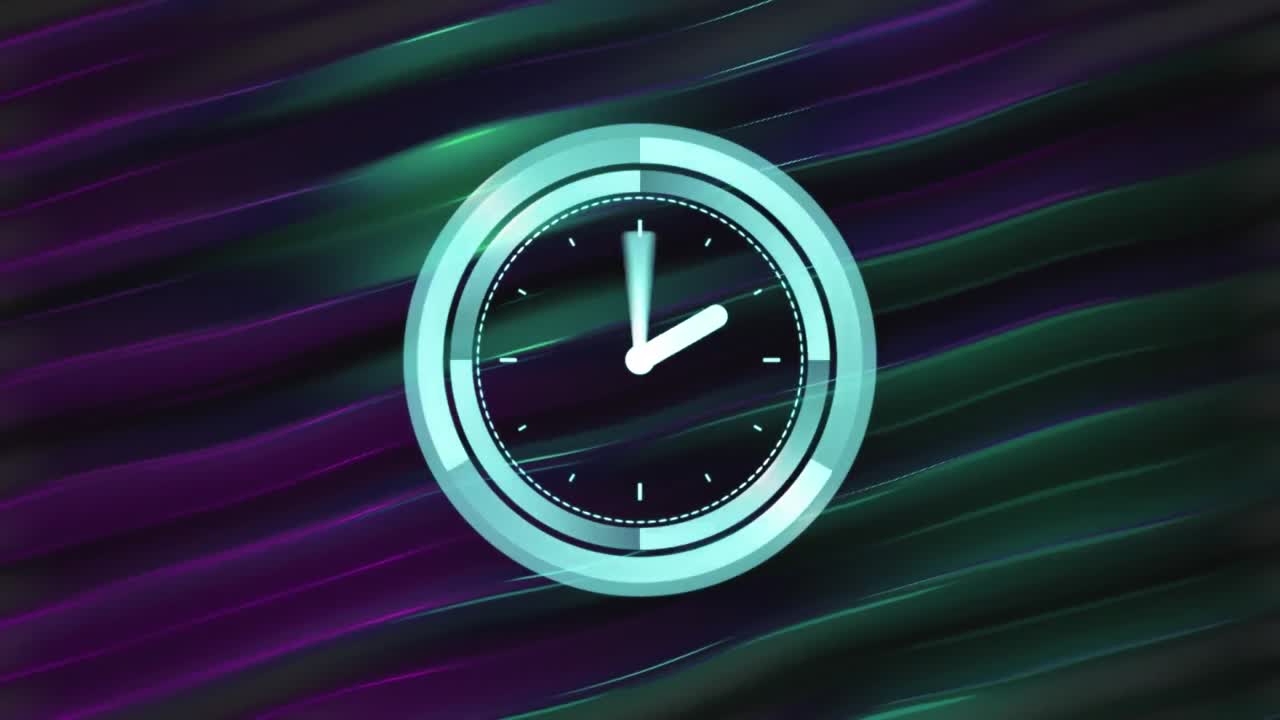 Animation of neon ticking clock over purple and green digital wave against black background
