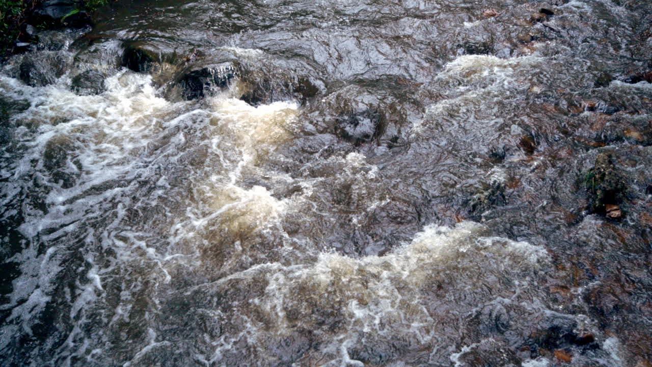 Water rushing over rocks in a flooded creek on a rainy day