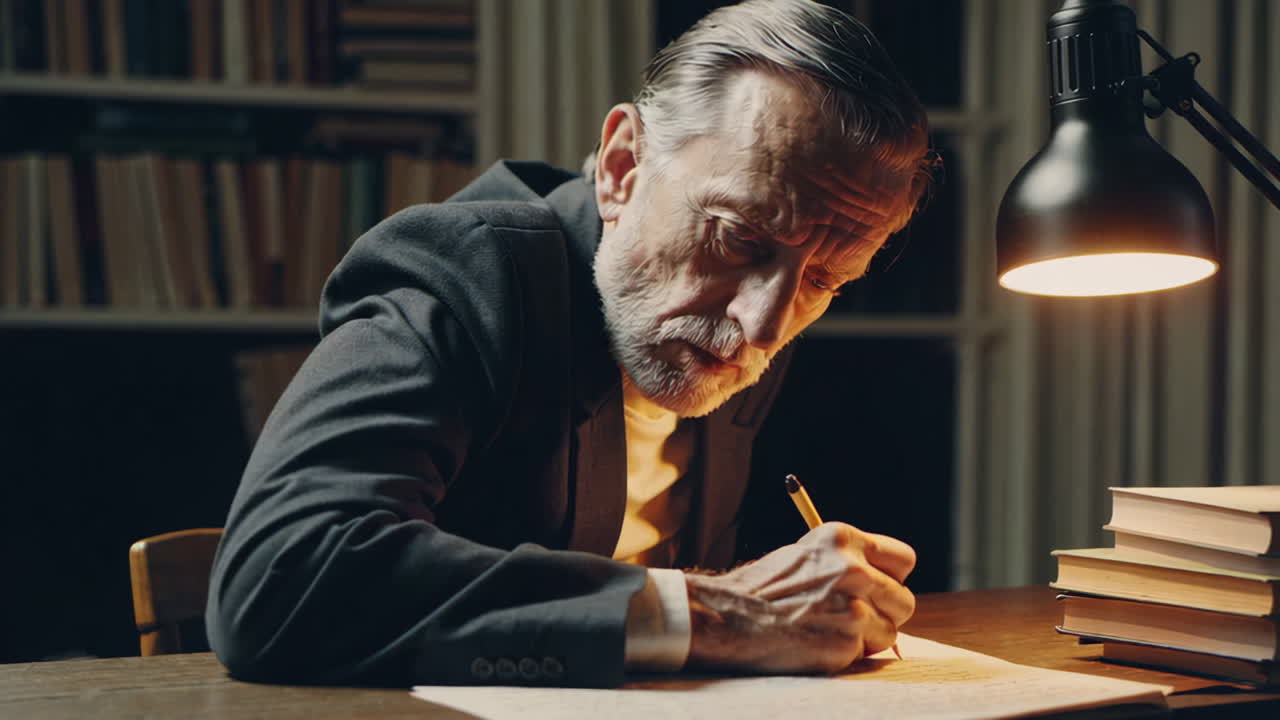 Senior Man Writing in a Library