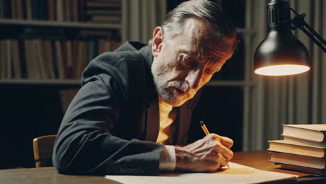 Senior Man Writing in a Library