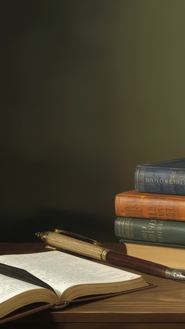 Vídeo vertical: set de escritura vintage en una sala de estudio, con un cuaderno, pluma de tinta, pluma de ave y libros