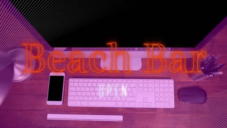 Animation-of-beach-bar-text-in-red-neon-with-white-parallel-lines-over-computer-on-desk