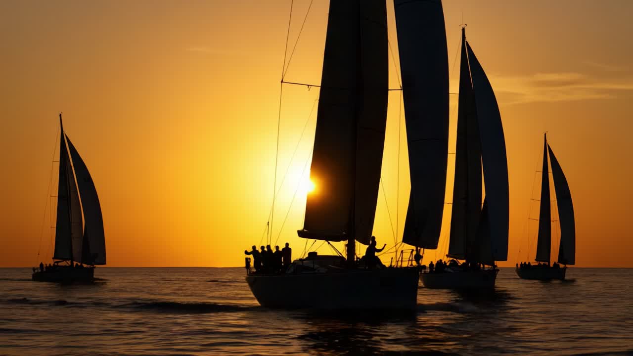A Breathtaking Sunset Sail: Silhouetted Sailboats Against an Orange Horizon in a Serene Maritime Scene