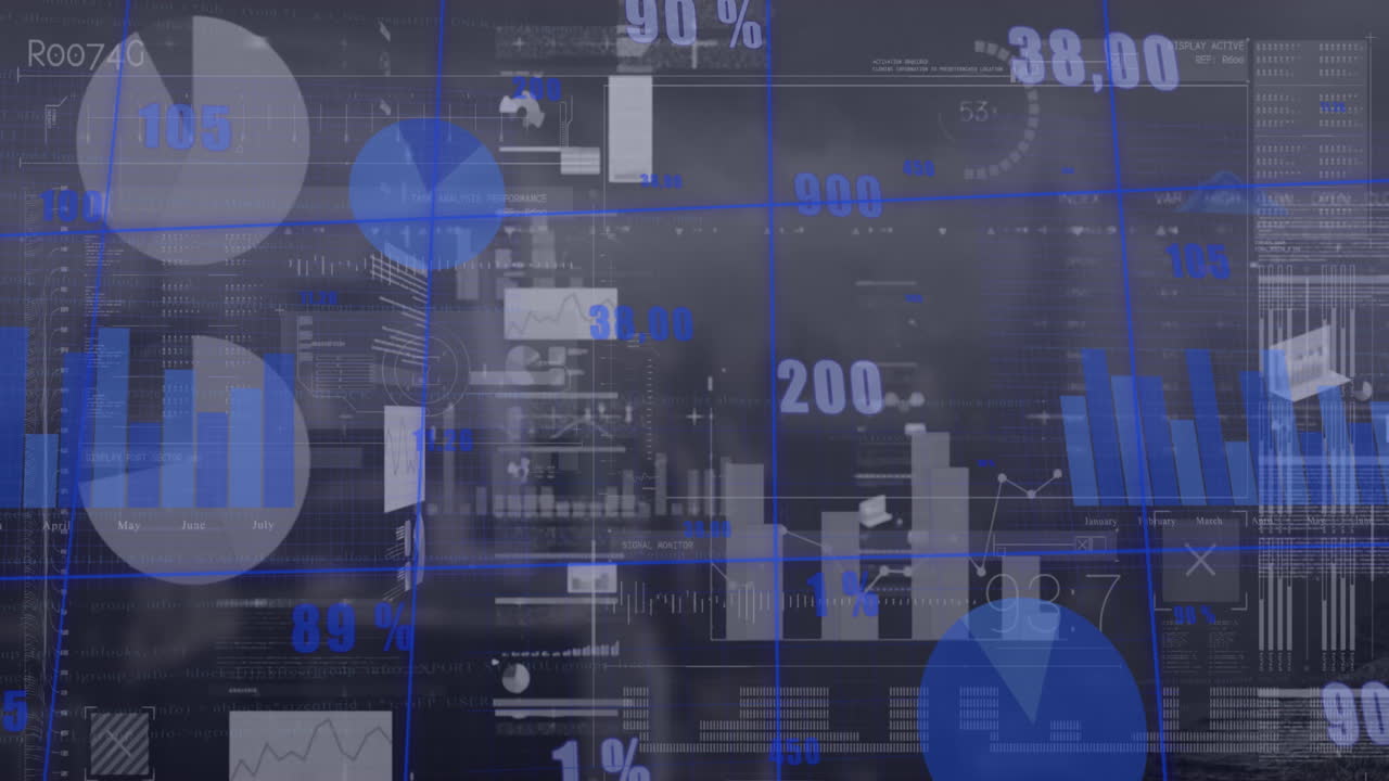 Animation of financial data processing over cityscape