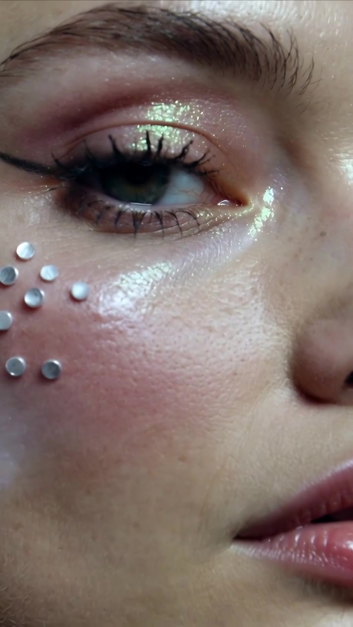 Video verticale: Donna che si muove, gira la testa e sbatte le palpebre alla luce dello schermo, mostrando borchie e glitter