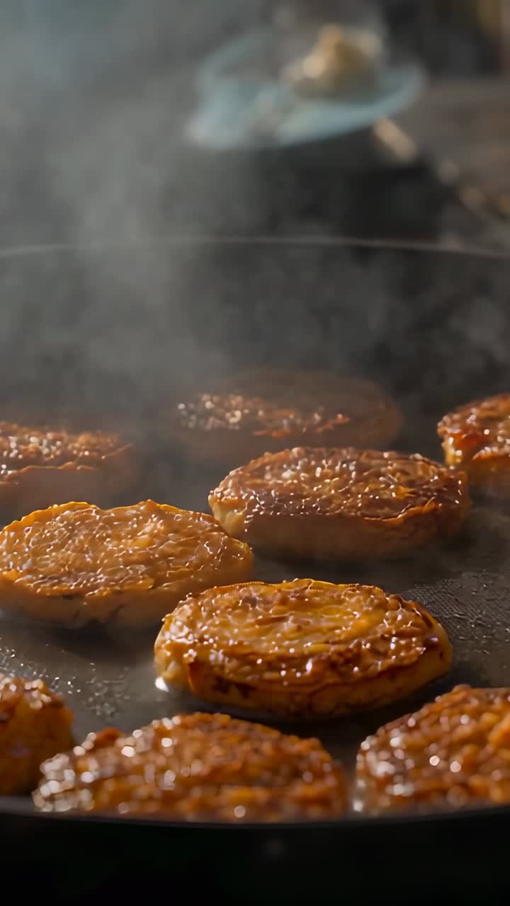 Vertical video: Sizzling small patties browning on hot griddle, steam rising, spatula hovering