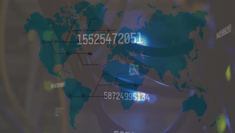 múltiples números cambiantes sobre puntos de luz contra el mapa del mundo