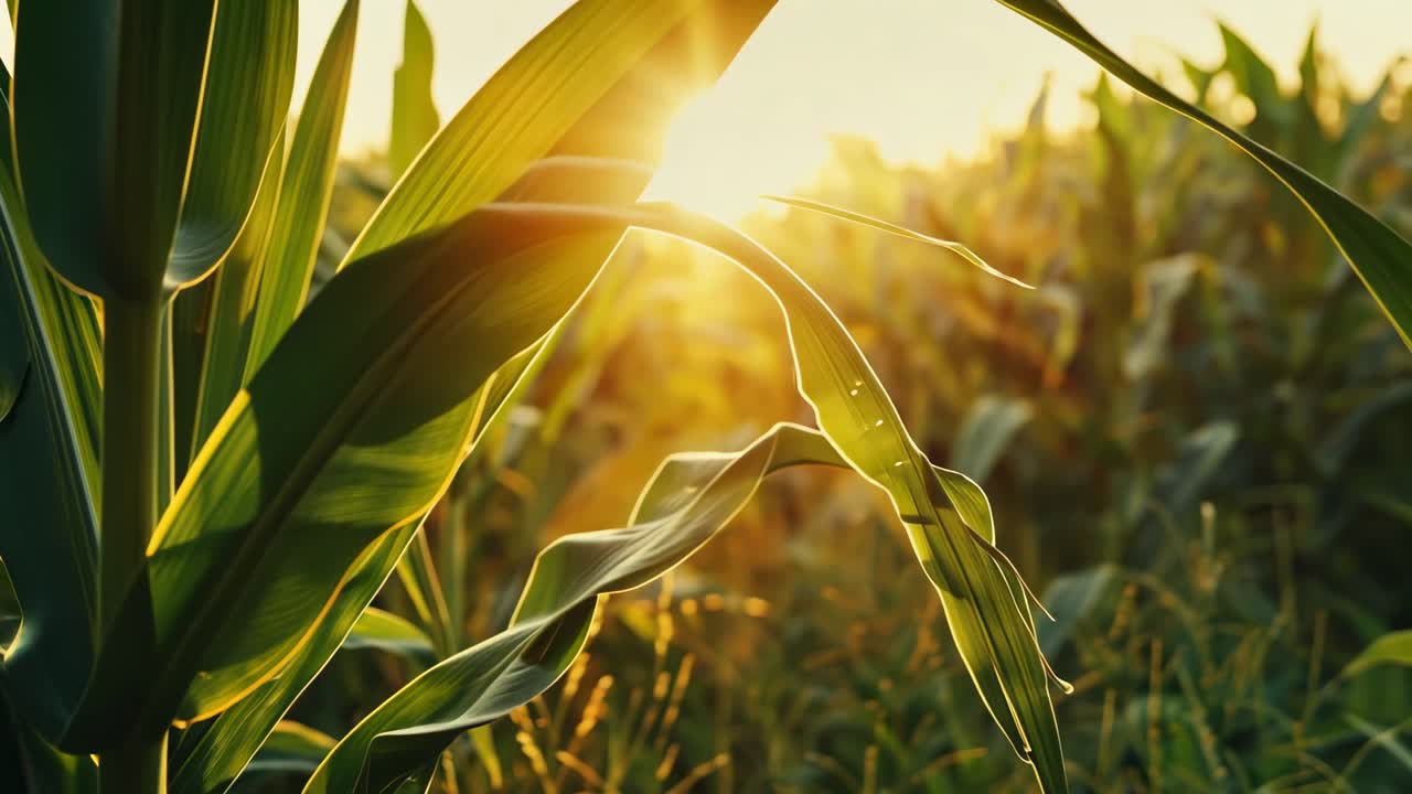 Close-up, low-angle shot of sunlit cornfield at sunset, capturing golden hues and natural beauty