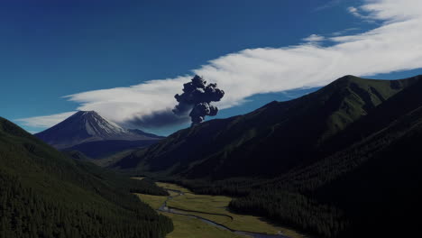 dramatic volcanic eruption in a scenic mountain valley