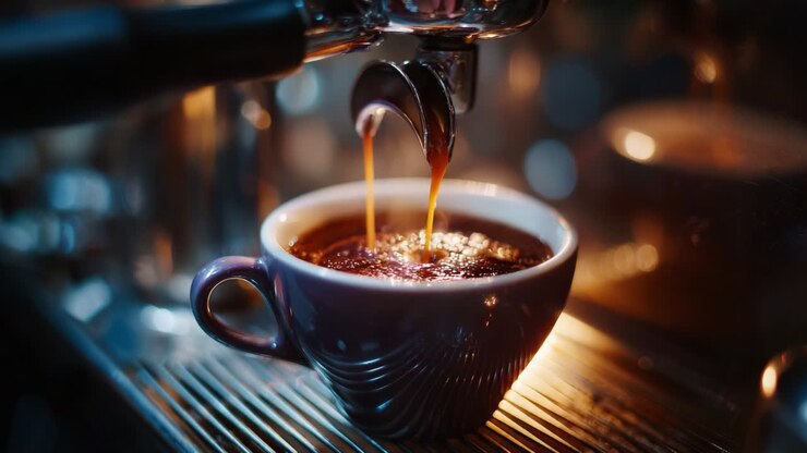 Espresso, der aus einer Kaffeemaschine gegossen wird