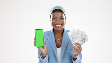 Telefon,-Finanzen-Und-Greenscreen-Mit-Einer-Schwarzen-Frau