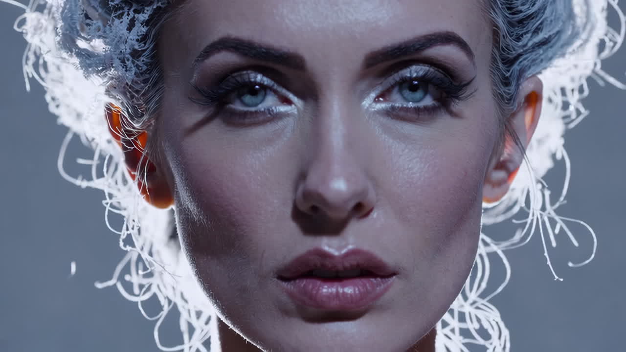 Close-up Portrait of a Woman with Exquisite Makeup and Winter-Themed Hair