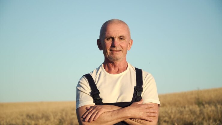 Close up portrait of senior farmer looking to the camera in the golden field on the blue sky background sunny day. Farming and agriculture concept