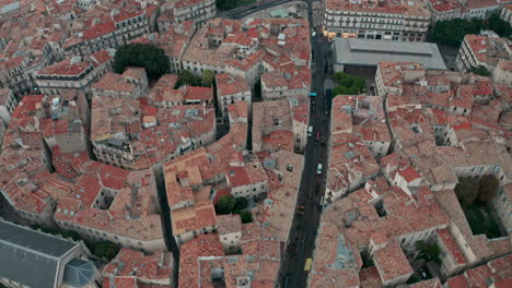 Overhead-drone-shot-of-dense-Montpellier-tile-roof-houses