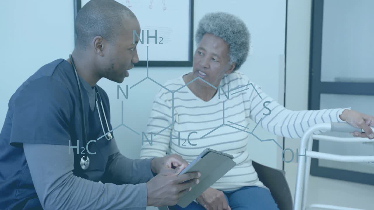 Animation of element diagram, african american male doctor with tablet and senior female patient
