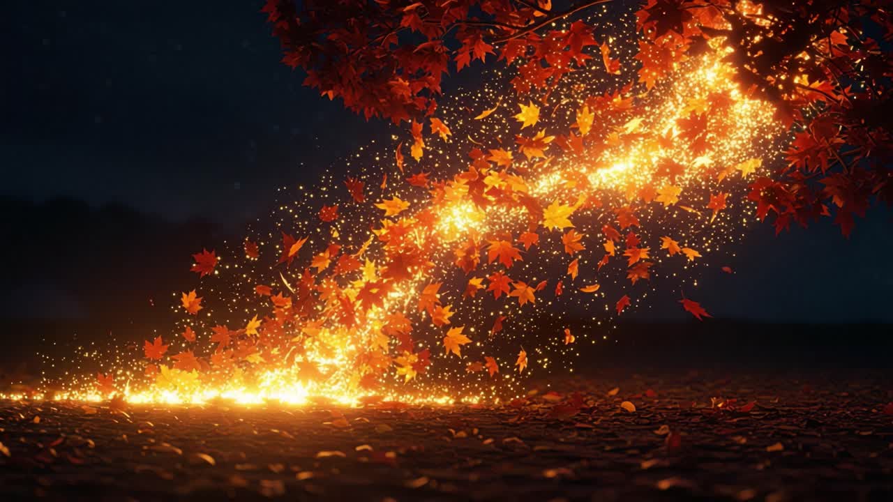 A mesmerizing cascade of vibrant autumn leaves illuminated by enchanting glowing sparks flows from a majestic tree, creating a magical scene of natural beauty and wonder