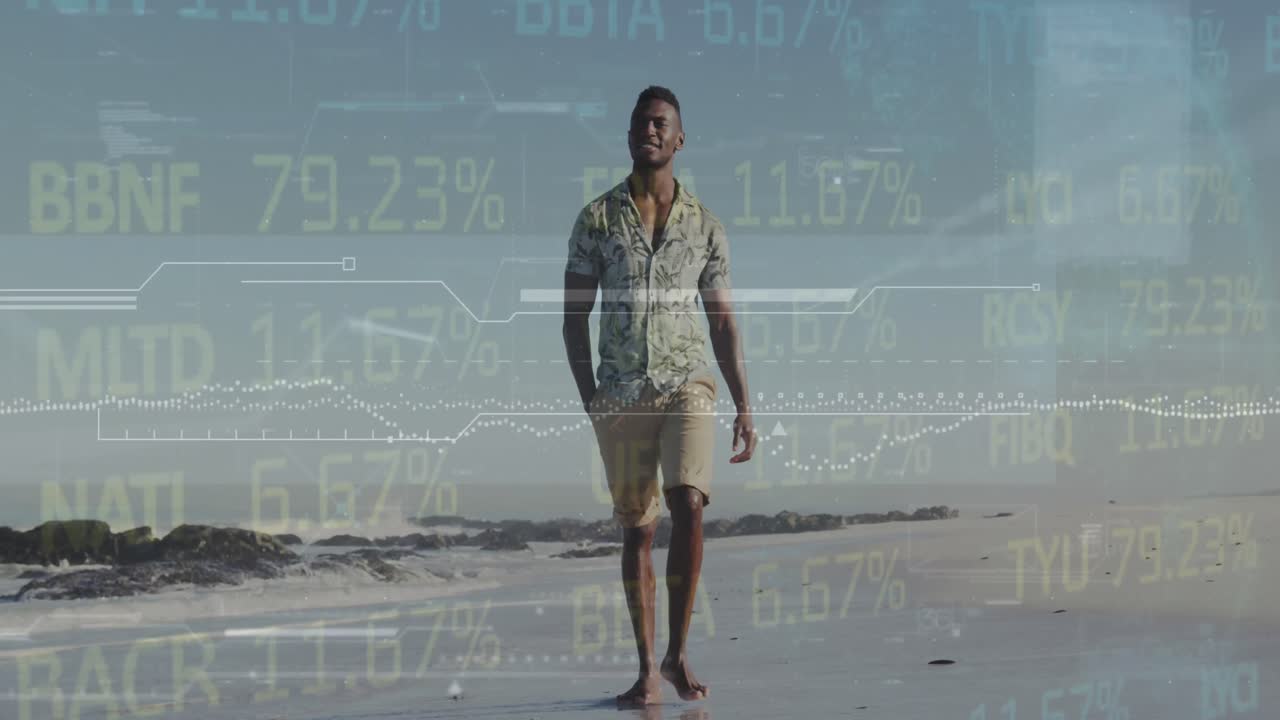 Animation af finansiel databehandling over en mand på stranden