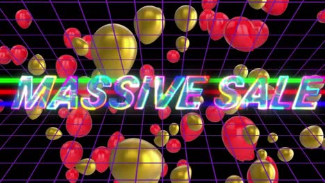 Animation-of-lighting-effect-over-massive-sale-banner-over-grid-network-against-floating-balloons