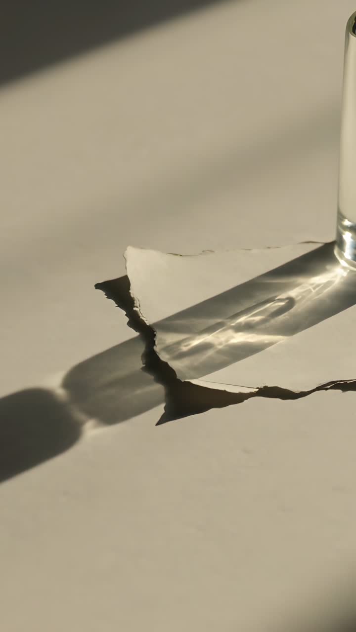 Vertical video: Shifting sunlight moving caustic light across glass base and torn paper near window