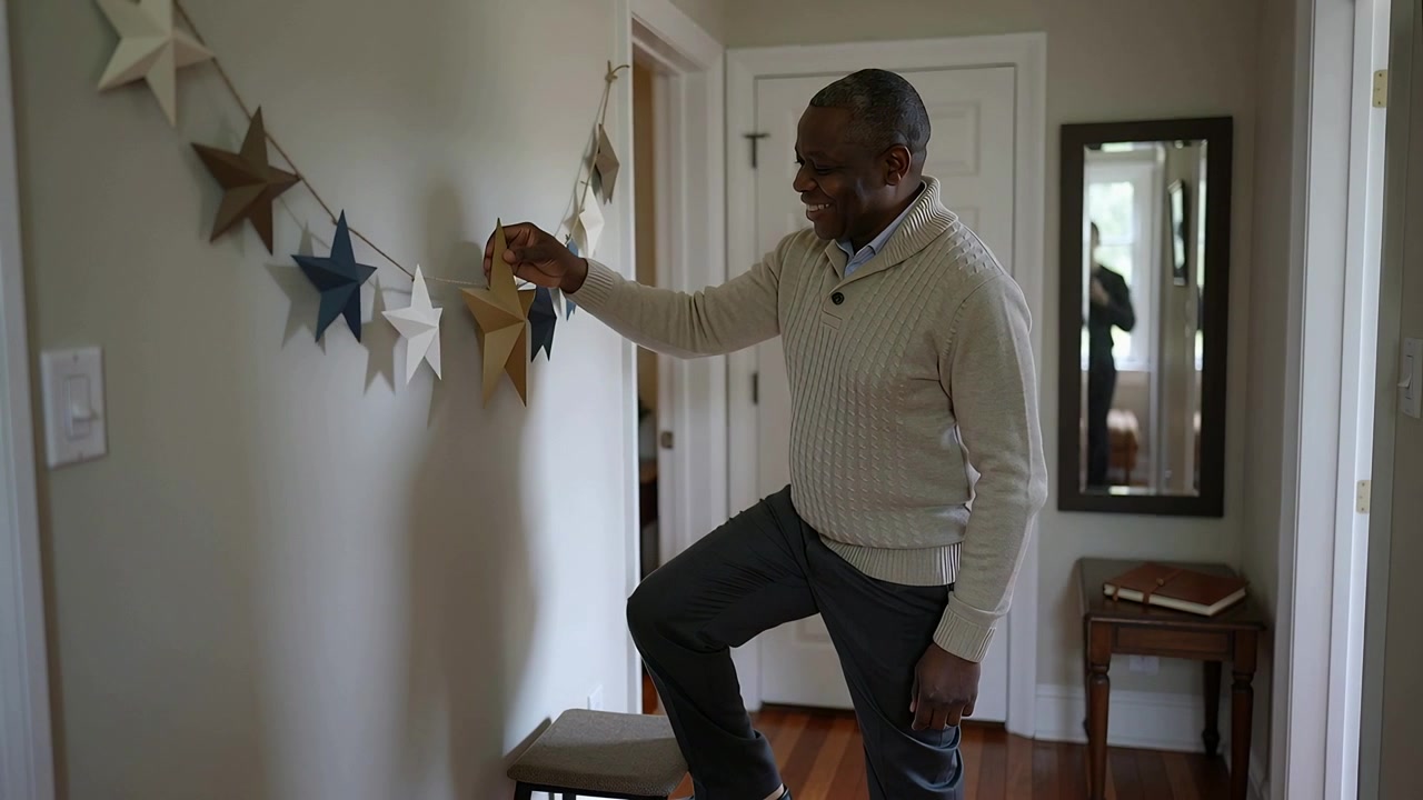 Noticing loose star, middle-aged man in light knit sweater adjusting garland in hallway using stool