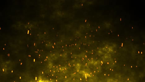 animación en 3d movimiento llamas ardientes brasas calientes chispas fuegos artificiales brillo volando partículas ardientes en fondo negro efecto visual oro amarillo 4k