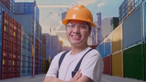 vista lateral de cerca del trabajador asiático que usa gafas de protección y casco de seguridad sonriendo y cruzando los brazos mientras está de pie en el almacén del patio de contenedores