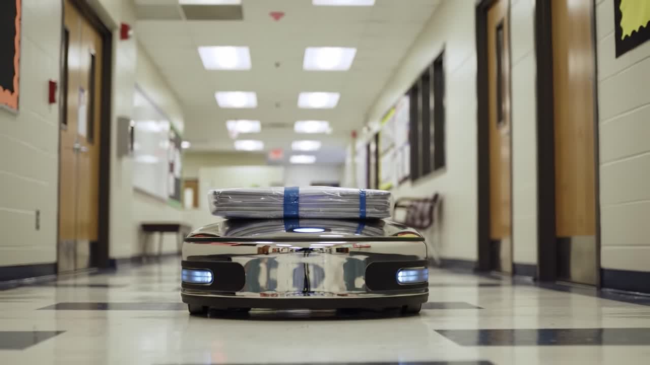 Autonomous Delivery Robot Navigating School Hallways with Packages, Showcasing Innovation in Automated Logistics and Technology for Educational Environments