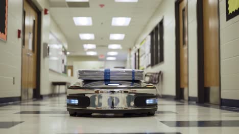 autonomous delivery robot navigating school hallways with packages, showcasing innovation in automated logistics and technology for educational environments