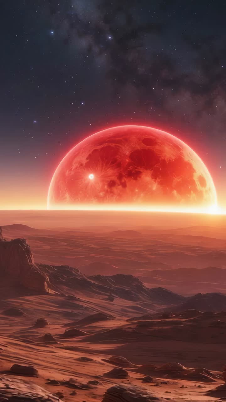 Video verticale: pianeta rosso emergente che proietta luce rossa su una pianura rocciosa con campo stellare e fascia di nebulose