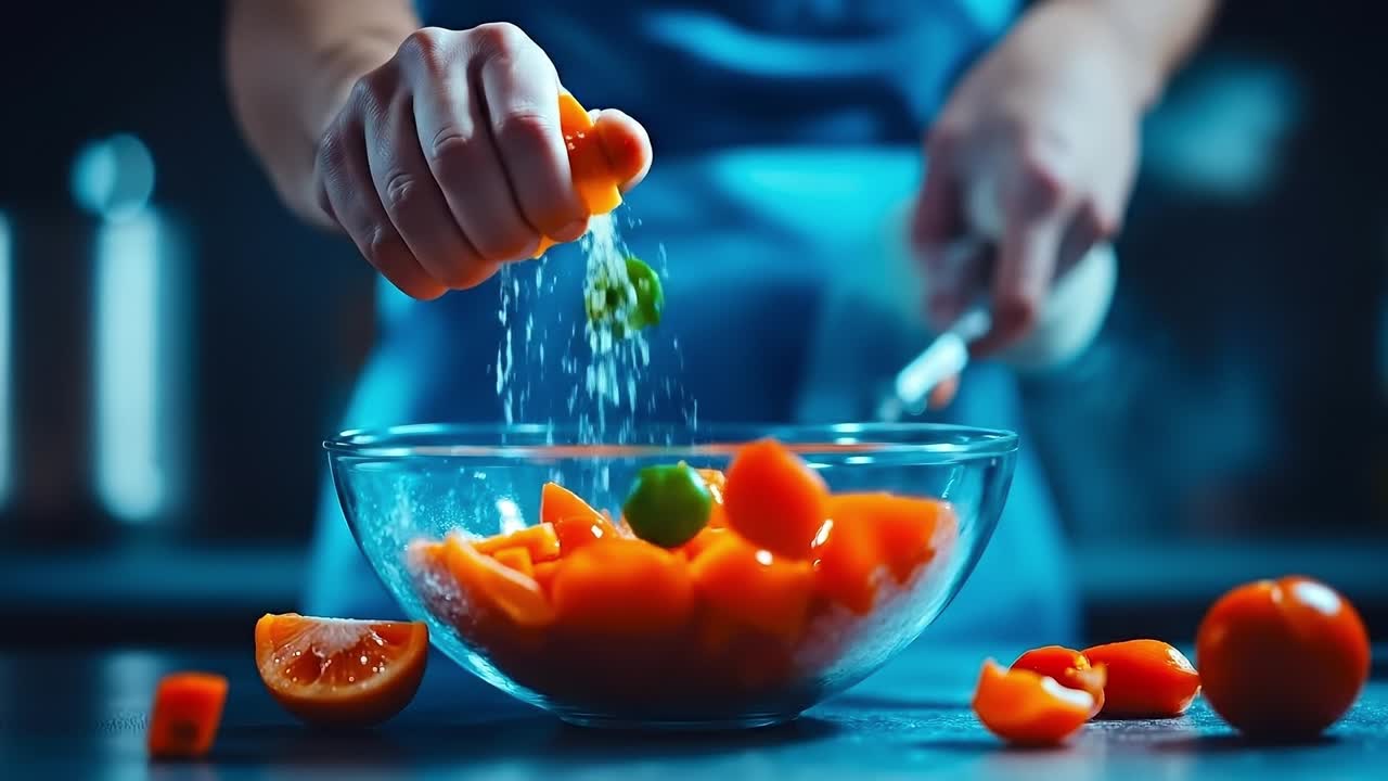 A person sprinkling salt on a bowl of tomatoes