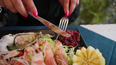 oyster and shrimps inside the gourmet dish at the beach resort