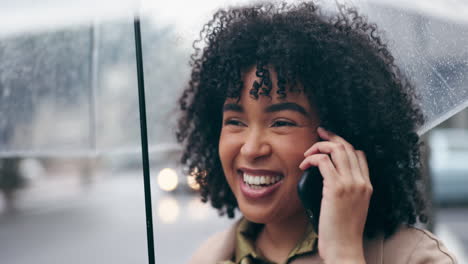 Phone-call,-rain-and-business-woman-in-city