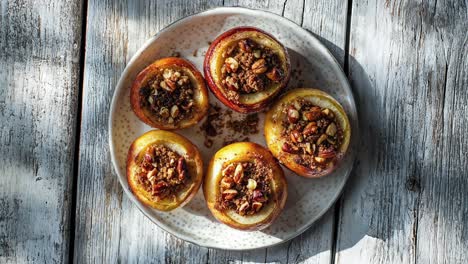 baked apples with nut and cinnamon filling on rustic table