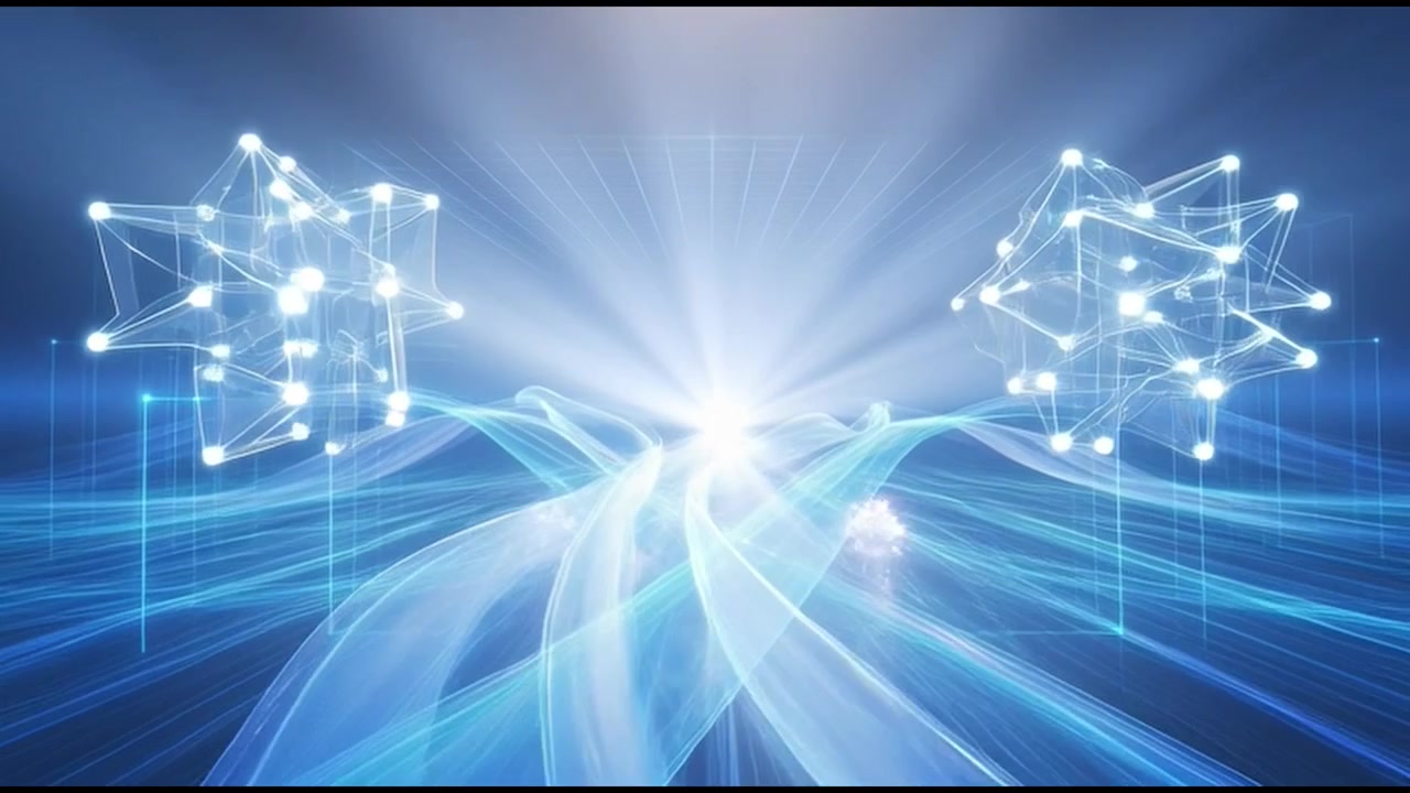 光る幾何学的な構造物と光の波がある抽象的なデジタル背景