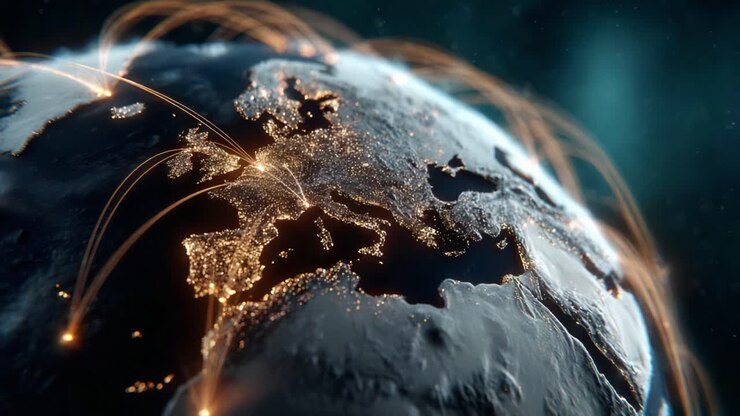 Una rappresentazione artistica dell'Europa di notte, che mostra città illuminate e linee di connessione dinamiche, illustrando l'interconnettività globale e l'influenza tecnologica
