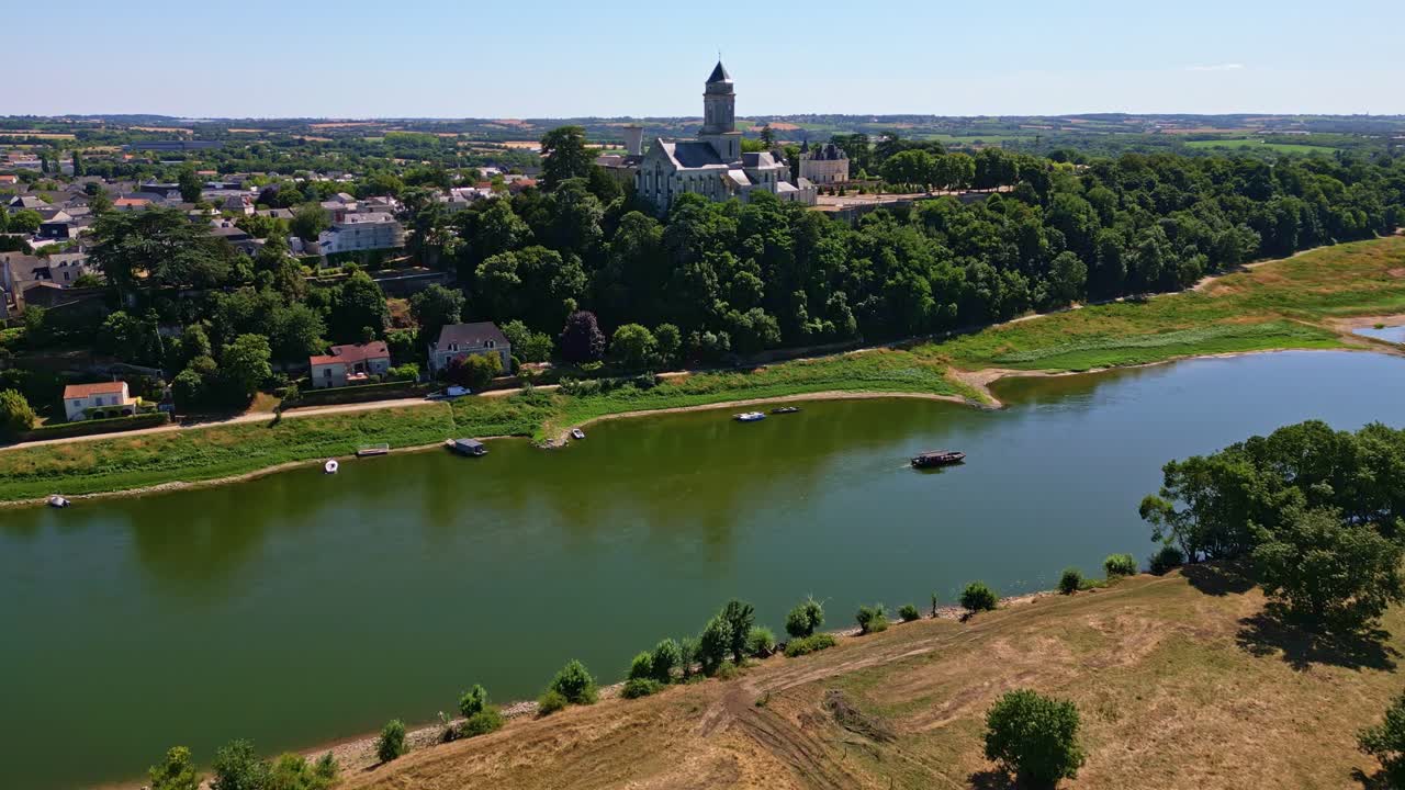 Saint-Florent-le-Vieil and Loire river, France. Aerial drone forward