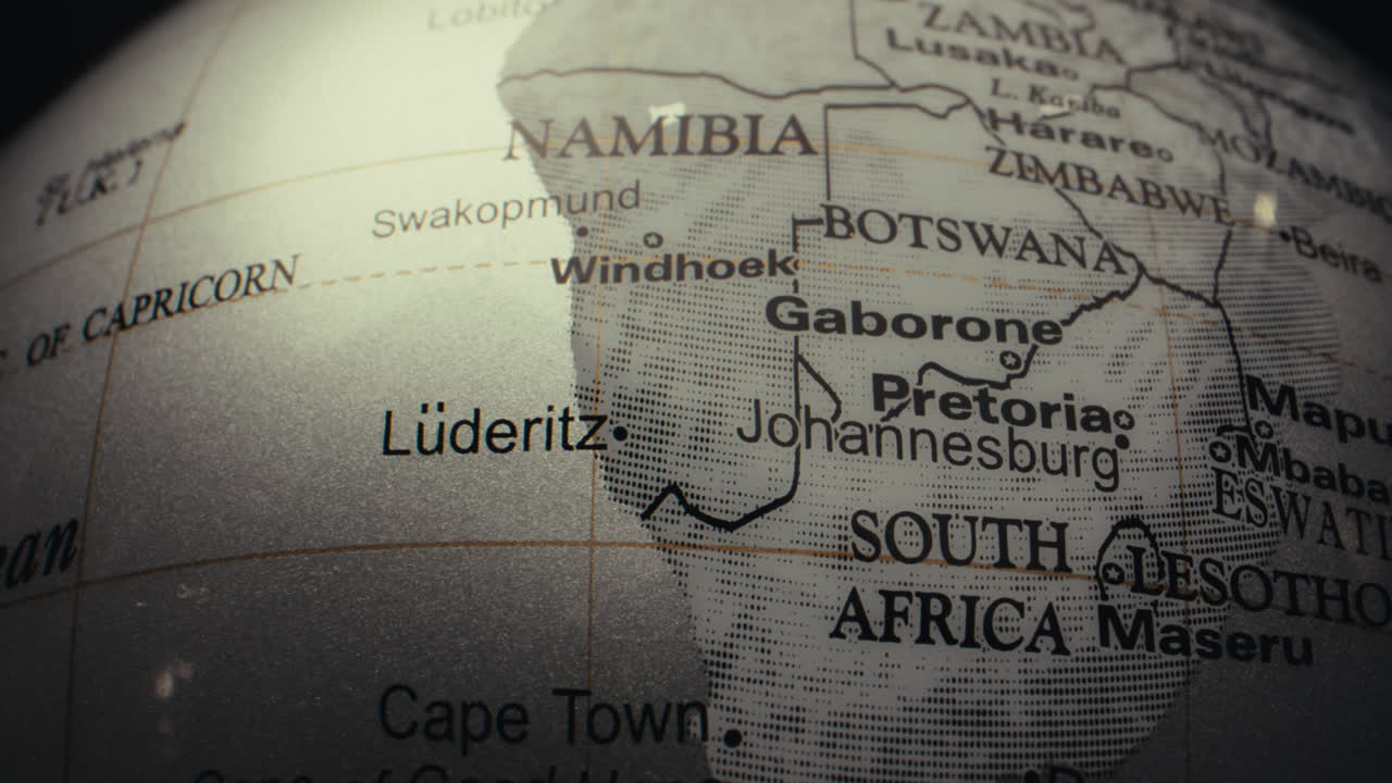 Close-up of a world globe focused on southern Africa