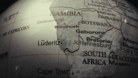 close-up of a world globe focused on southern africa
