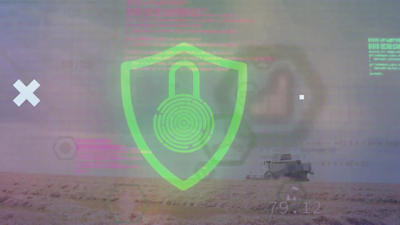 animazione del lucchetto di sicurezza, elaborazione dei dati, globo, server di computer.