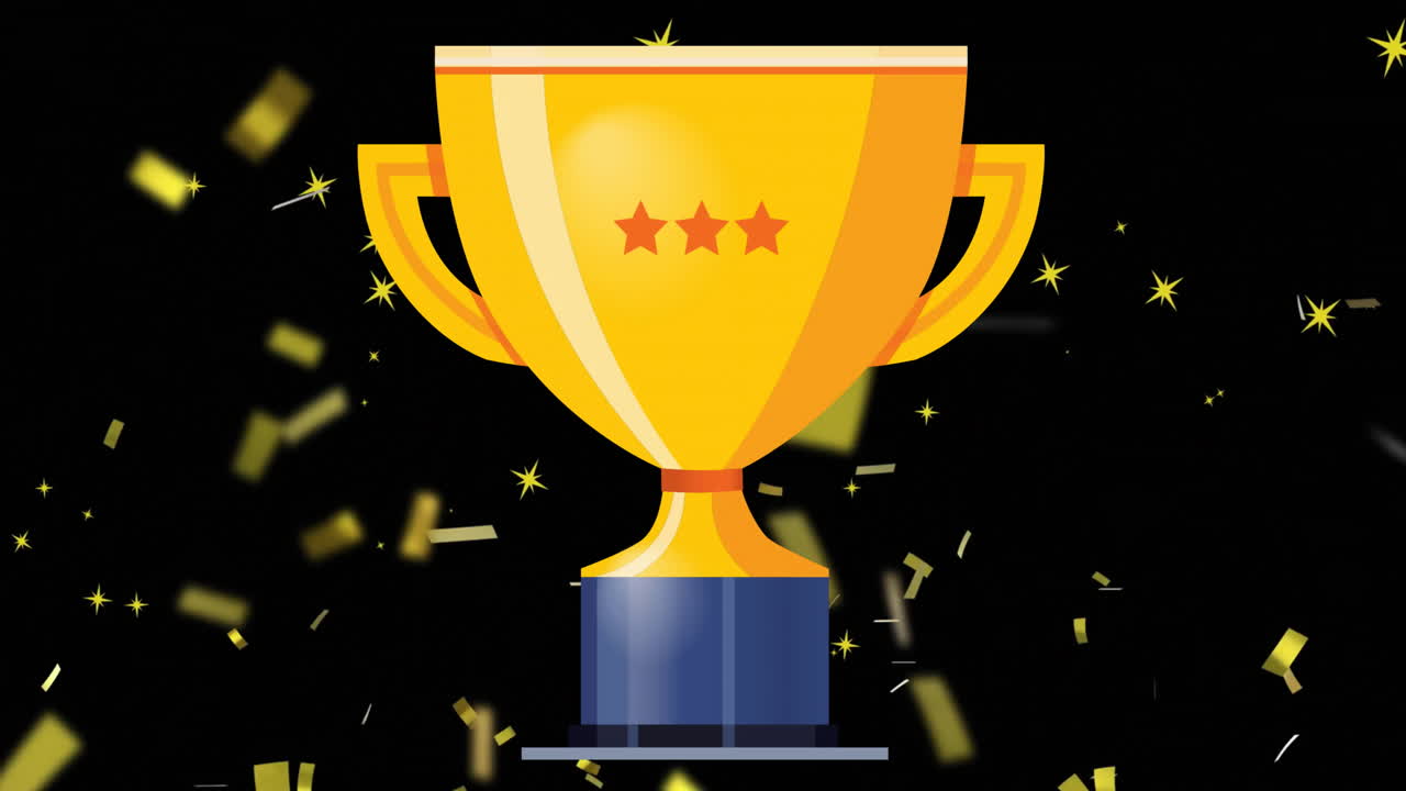 animación de trofeo dorado y confeti dorado que cae sobre un fondo negro