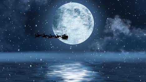 snow falling over santa claus in sleigh being pulled by reindeers against moon in night sky