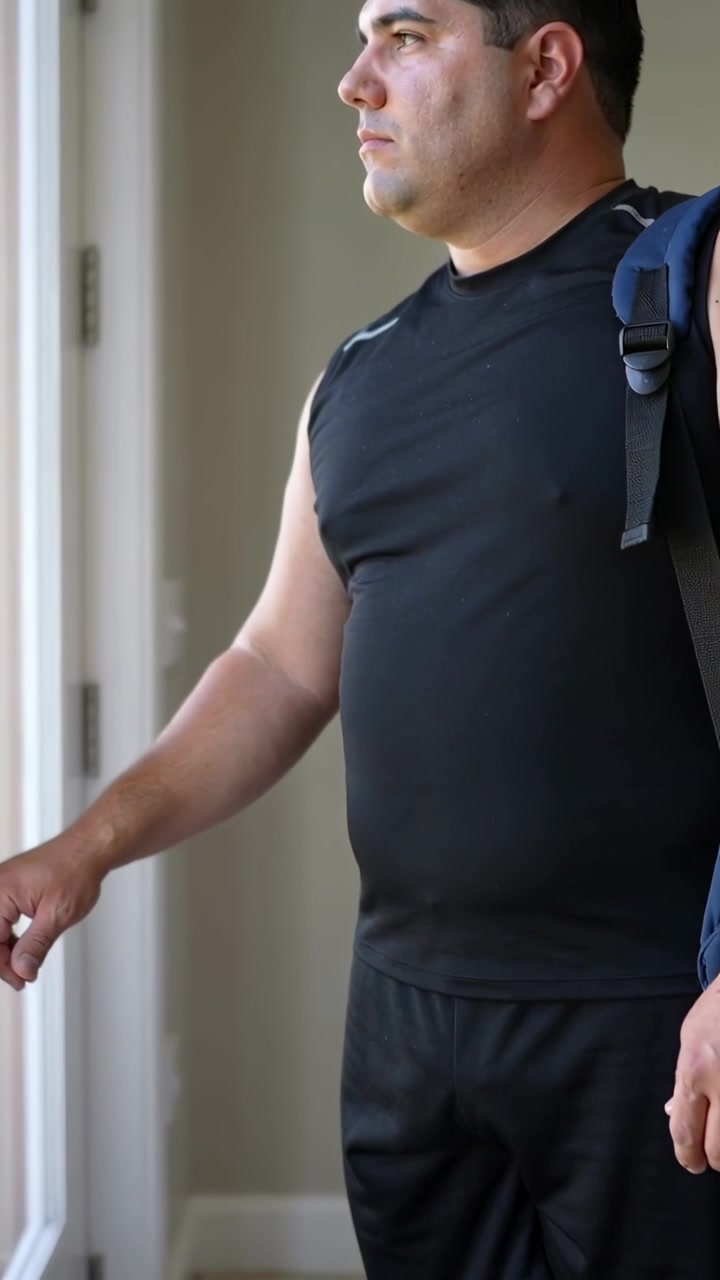 Vertical video: Pausing at glass door, man reaching left hand to handle, athletic shirt, backpack